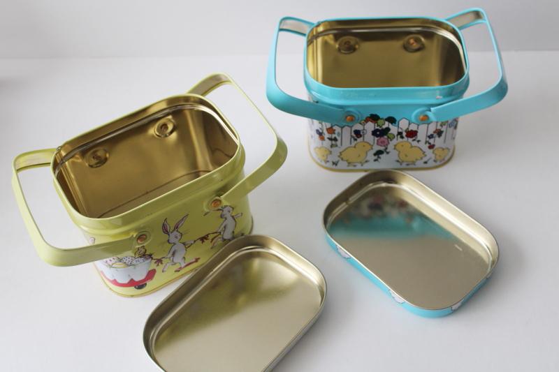 photo of 90s vintage Easter bunny chicks print tins, metal picnic baskets w/ handles #5