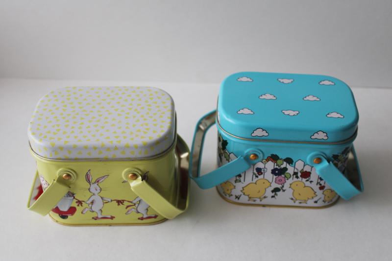 photo of 90s vintage Easter bunny chicks print tins, metal picnic baskets w/ handles #8