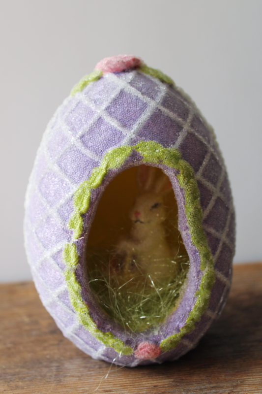 photo of 90s vintage Easter decor sugar egg, sugared figurine window egg w/ tiny bunny inside #1