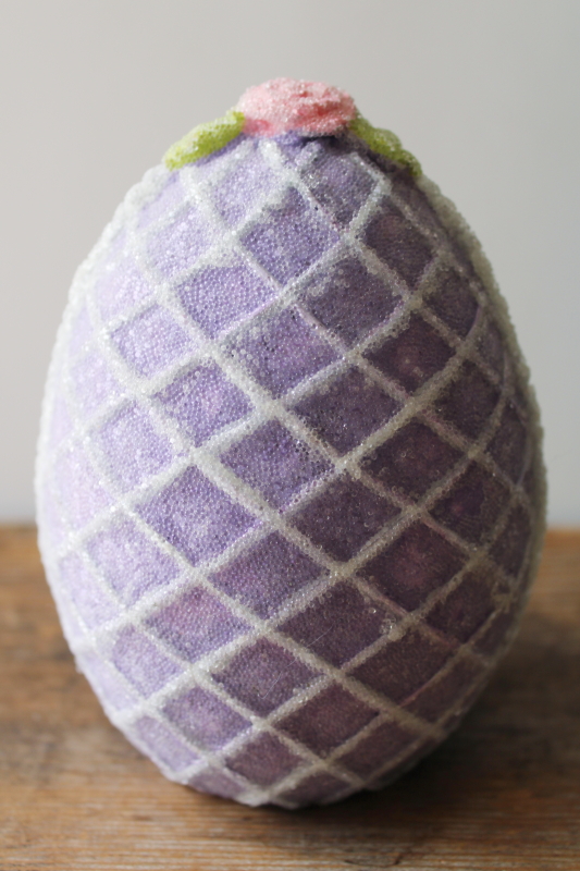 photo of 90s vintage Easter decor sugar egg, sugared figurine window egg w/ tiny bunny inside  #2