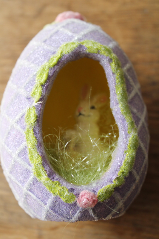 photo of 90s vintage Easter decor sugar egg, sugared figurine window egg w/ tiny bunny inside  #4