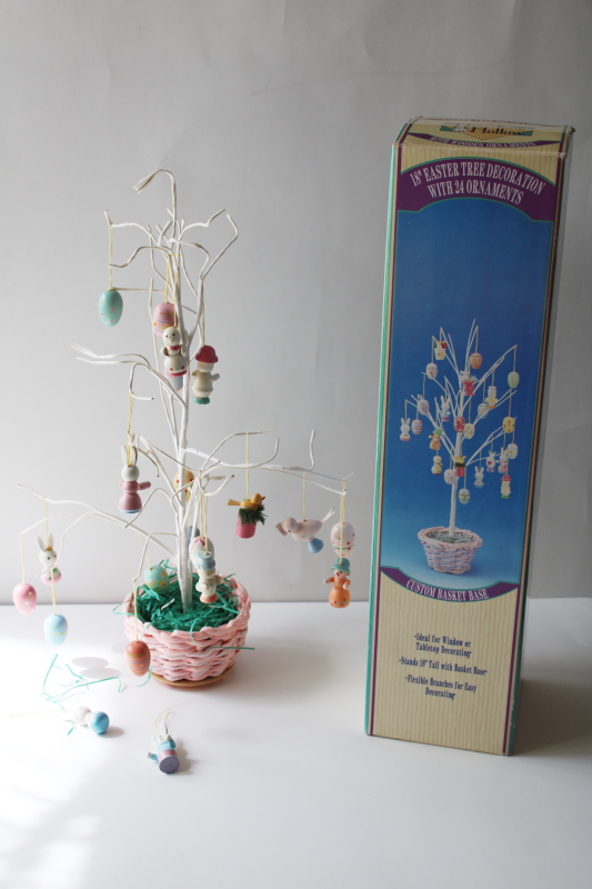 photo of 90s vintage Easter tree w/ hand painted wood mini ornaments, table top decor #1