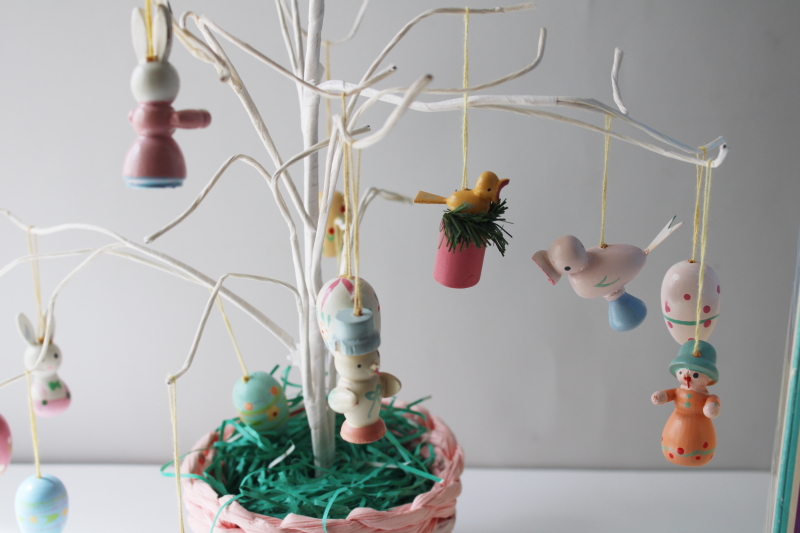 photo of 90s vintage Easter tree w/ hand painted wood mini ornaments, table top decor  #3