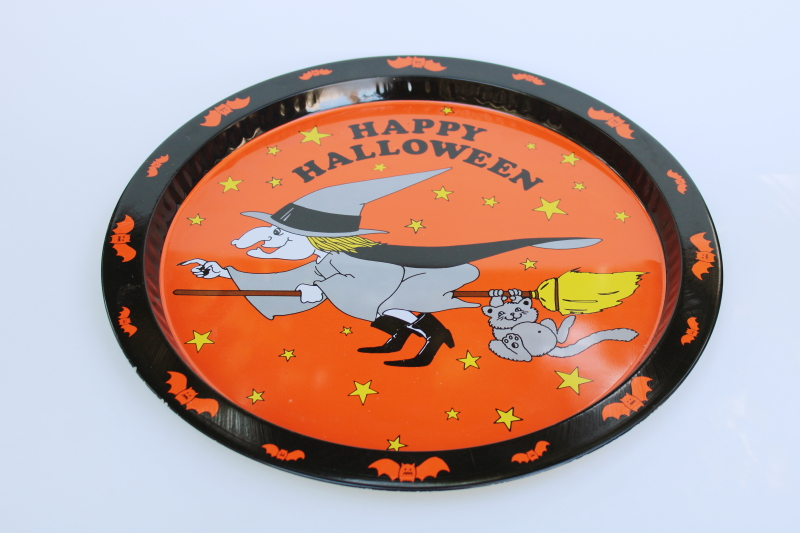 photo of 90s vintage Halloween, happy witch w/ cat print metal tray, wall decor or party plate  #1