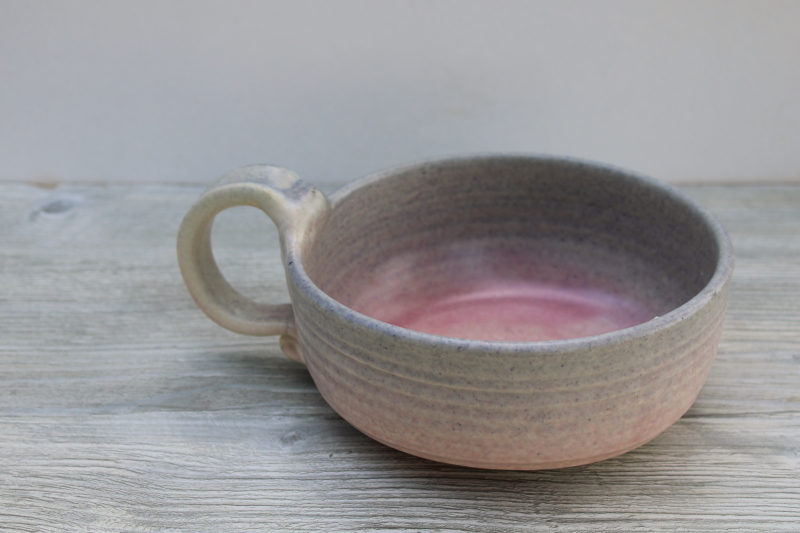 photo of 90s vintage Judy Smith signed hand thrown pottery bowl w/ handle, pastel shaded pink blue #1