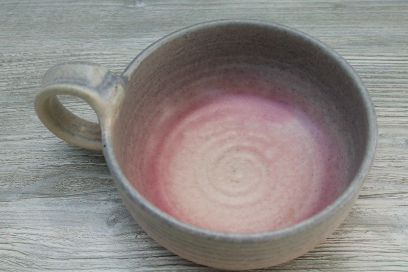 photo of 90s vintage Judy Smith signed hand thrown pottery bowl w/ handle, pastel shaded pink blue #2