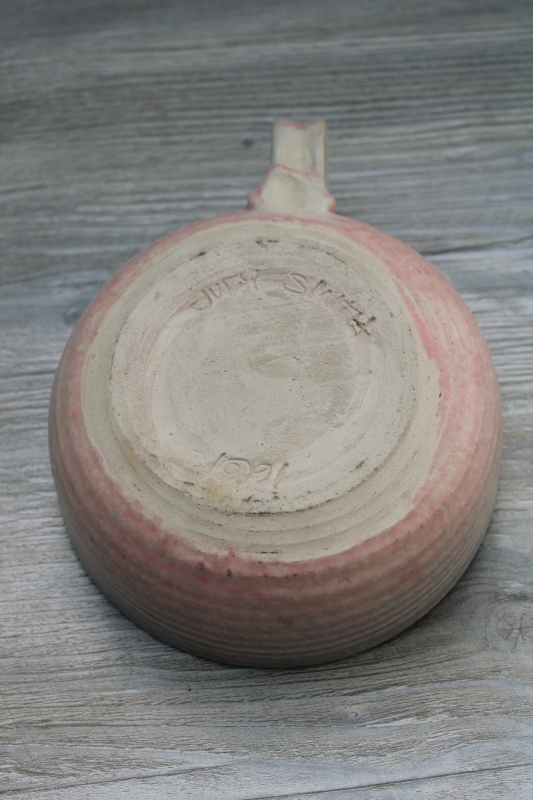 photo of 90s vintage Judy Smith signed hand thrown pottery bowl w/ handle, pastel shaded pink blue #3