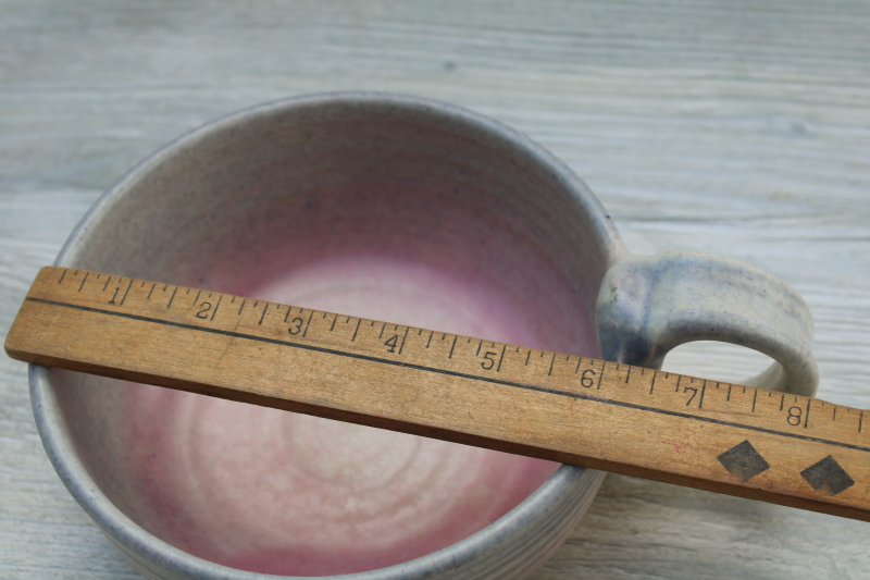 photo of 90s vintage Judy Smith signed hand thrown pottery bowl w/ handle, pastel shaded pink blue #4