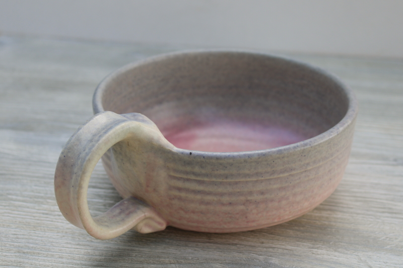 photo of 90s vintage Judy Smith signed hand thrown pottery bowl w/ handle, pastel shaded pink blue #5