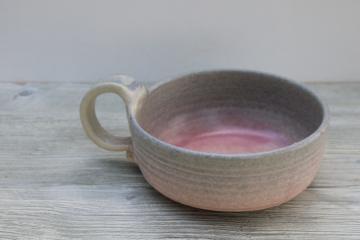 90s vintage Judy Smith signed hand thrown pottery bowl w/ handle, pastel shaded pink blue