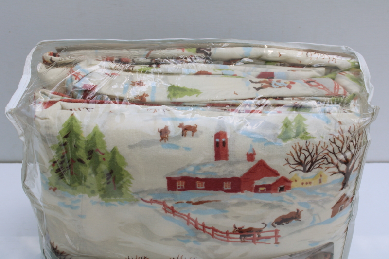 photo of 90s vintage Martha Stewart all cotton flannel sheets new in package full size w/ pillowcases, Christmas Sleigh Ride  #2