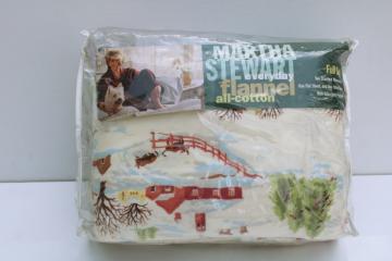 90s vintage Martha Stewart all cotton flannel sheets new in package full size w/ pillowcases, Christmas Sleigh Ride 
