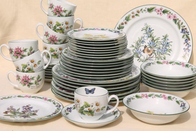 photo of 90s vintage Royal Worcester Herbs botanical pattern china dinnerware set for 8 #1