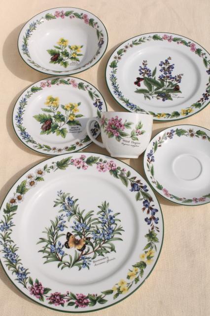 photo of 90s vintage Royal Worcester Herbs botanical pattern china dinnerware set for 8 #11