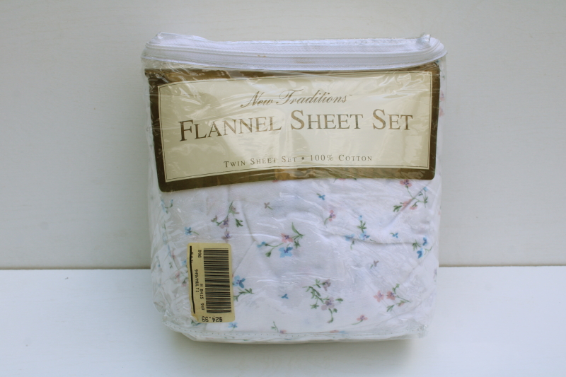 photo of 90s vintage Sears all cotton flannel sheets new in package twin size w/ pillowcase, cottage floral wildflowers #1