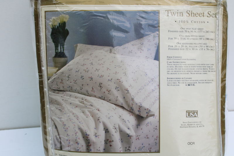 photo of 90s vintage Sears all cotton flannel sheets new in package twin size w/ pillowcase, cottage floral wildflowers  #4