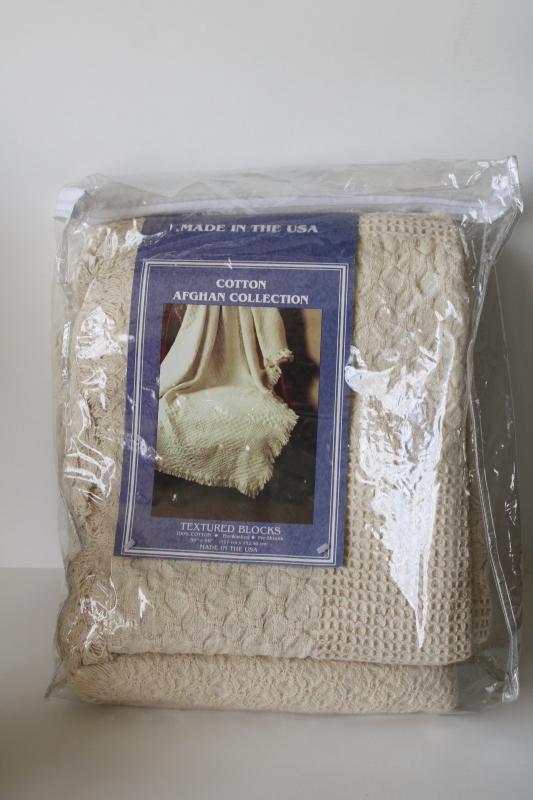 photo of 90s vintage USA woven cotton throw blanket new in package, aran ivory afghan textured blocks  #1