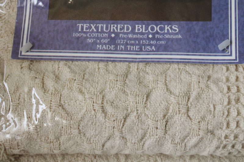 photo of 90s vintage USA woven cotton throw blanket new in package, aran ivory afghan textured blocks  #2