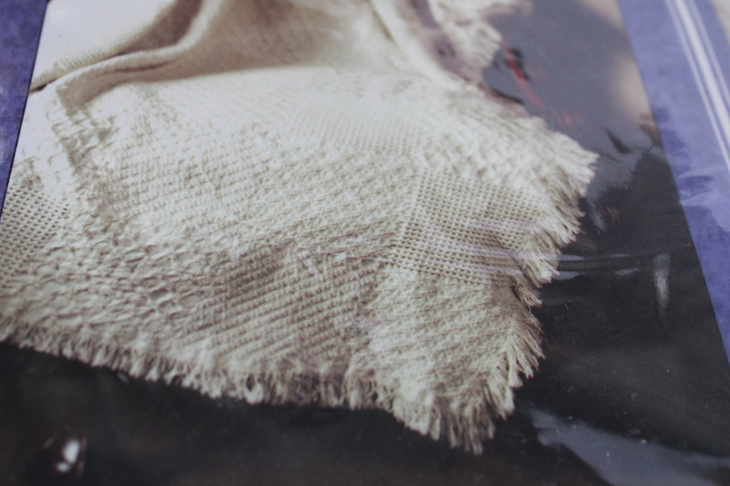 photo of 90s vintage USA woven cotton throw blanket new in package, aran ivory afghan textured blocks  #3