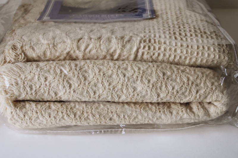 photo of 90s vintage USA woven cotton throw blanket new in package, aran ivory afghan textured blocks  #4