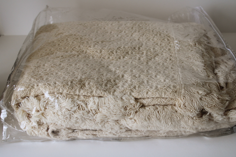 photo of 90s vintage USA woven cotton throw blanket new in package, aran ivory afghan textured blocks  #5