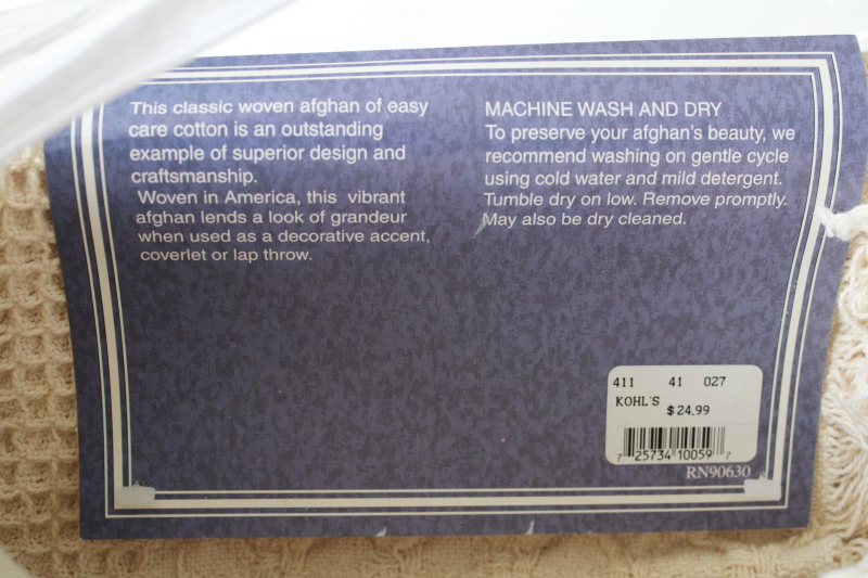 photo of 90s vintage USA woven cotton throw blanket new in package, aran ivory afghan textured blocks  #6