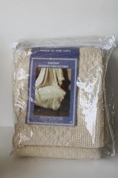 90s vintage USA woven cotton throw blanket new in package, aran ivory afghan textured blocks 