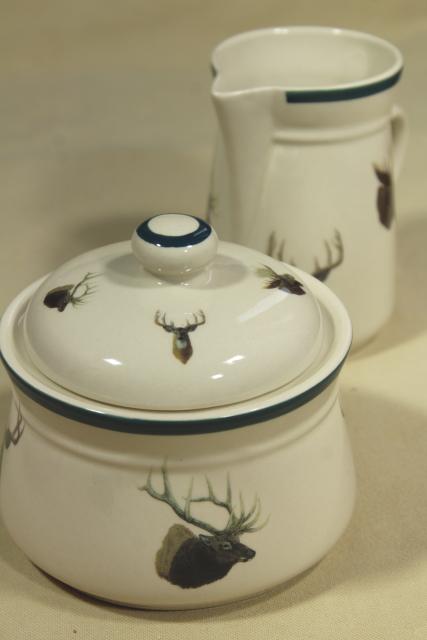 photo of 90s vintage Wild Wings big game elk deer pattern cream pitcher & sugar bowl set #1