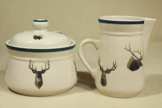 photo of 90s vintage Wild Wings big game elk deer pattern cream pitcher & sugar bowl set #2