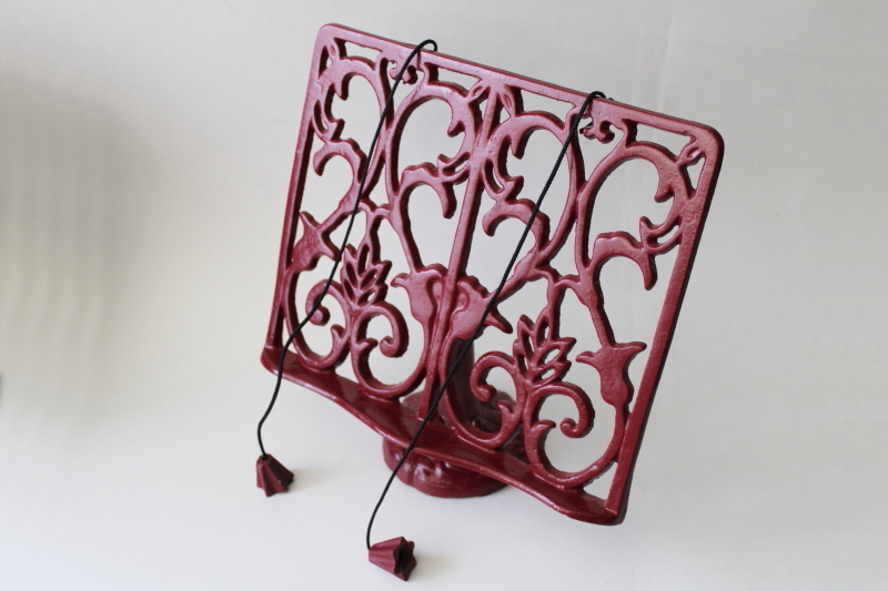 photo of 90s vintage barn red enamel cast iron book stand reading easel for music or cookbook #1