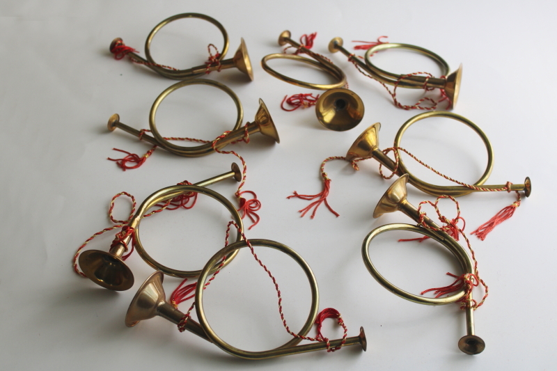 photo of 90s vintage brass french horns or trumpets, Christmas ornament decorations lot #1