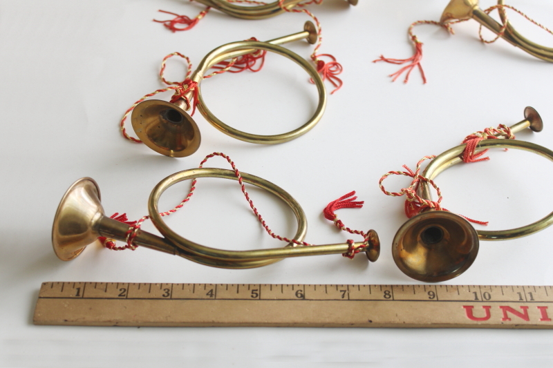 photo of 90s vintage brass french horns or trumpets, Christmas ornament decorations lot  #2