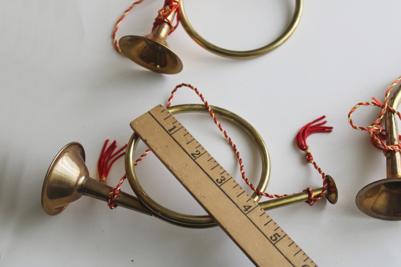 photo of 90s vintage brass french horns or trumpets, Christmas ornament decorations lot  #3