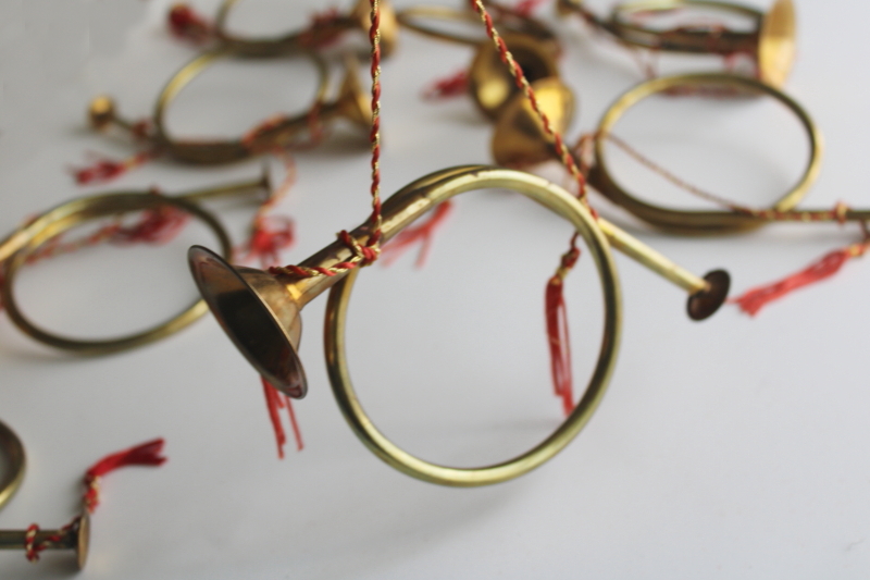 photo of 90s vintage brass french horns or trumpets, Christmas ornament decorations lot  #4