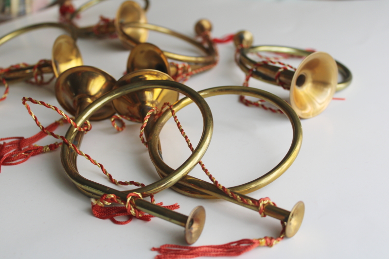 photo of 90s vintage brass french horns or trumpets, Christmas ornament decorations lot  #5