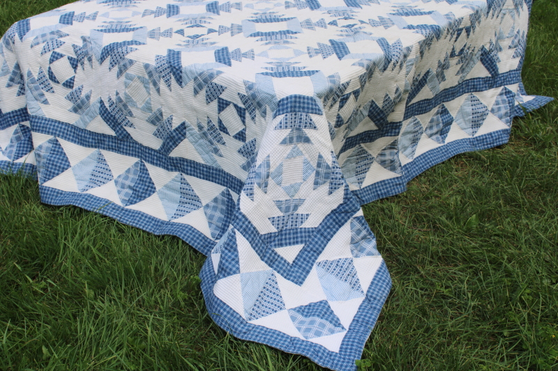 photo of 90s vintage classic blue & white cotton patchwork quilt 82 inches square  #2
