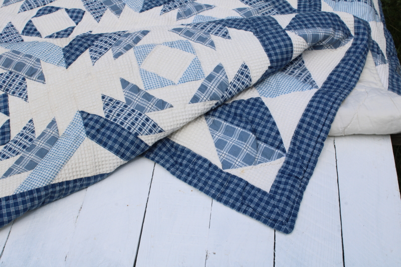 photo of 90s vintage classic blue & white cotton patchwork quilt 82 inches square  #4