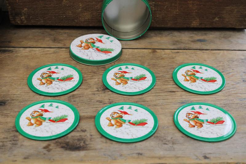 photo of 90s vintage coaster set, Christmas bear w/ tree print metal drink coasters #1