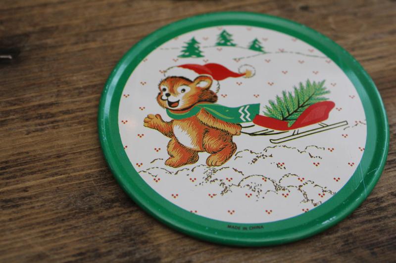 photo of 90s vintage coaster set, Christmas bear w/ tree print metal drink coasters #2