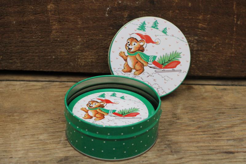 photo of 90s vintage coaster set, Christmas bear w/ tree print metal drink coasters #5