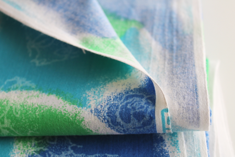 photo of 90s vintage cotton decorator fabric, modern abstract tropical floral blue & green  #2