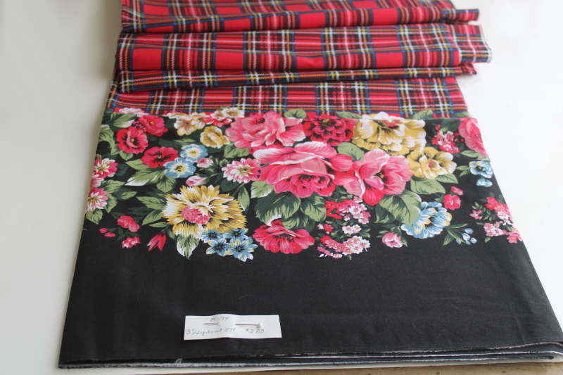 photo of 90s vintage cotton fabric, border print floral on black, red tartan plaid English country style  #1