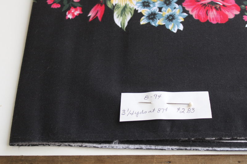 photo of 90s vintage cotton fabric, border print floral on black, red tartan plaid English country style  #2