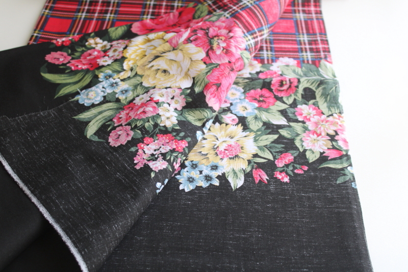 photo of 90s vintage cotton fabric, border print floral on black, red tartan plaid English country style  #3