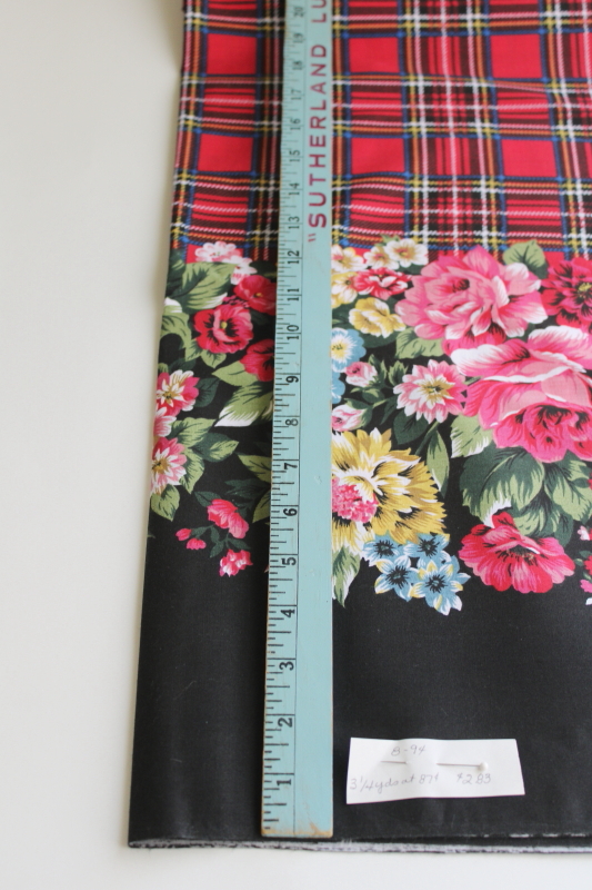 photo of 90s vintage cotton fabric, border print floral on black, red tartan plaid English country style  #4