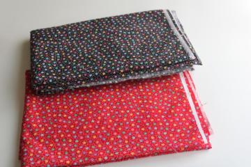 90s vintage cotton fabric, tiny flowers calico print in black & red w/ multi colors, quilting weight 