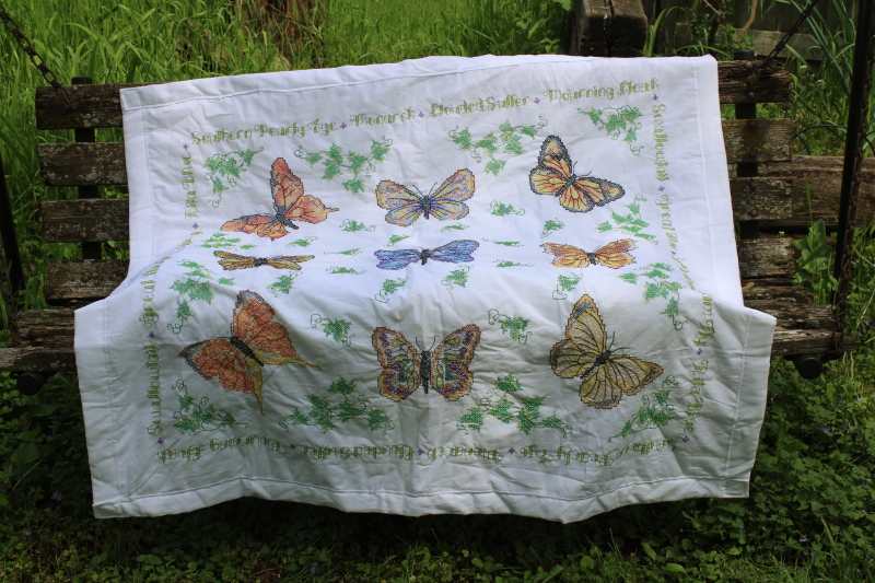photo of 90s vintage cotton poly mini quilt w/ cross stitch embroidery butterflies, butterfly species #1