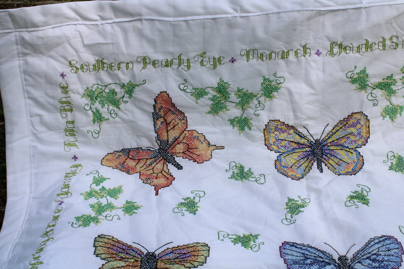 photo of 90s vintage cotton poly mini quilt w/ cross stitch embroidery butterflies, butterfly species  #2