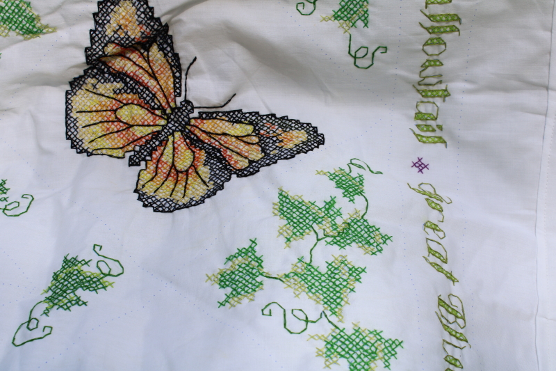 photo of 90s vintage cotton poly mini quilt w/ cross stitch embroidery butterflies, butterfly species  #5