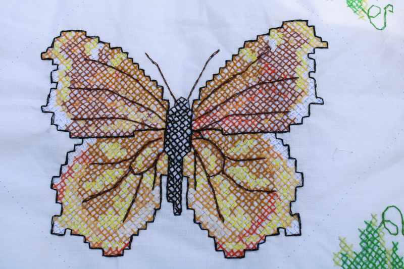 photo of 90s vintage cotton poly mini quilt w/ cross stitch embroidery butterflies, butterfly species  #6